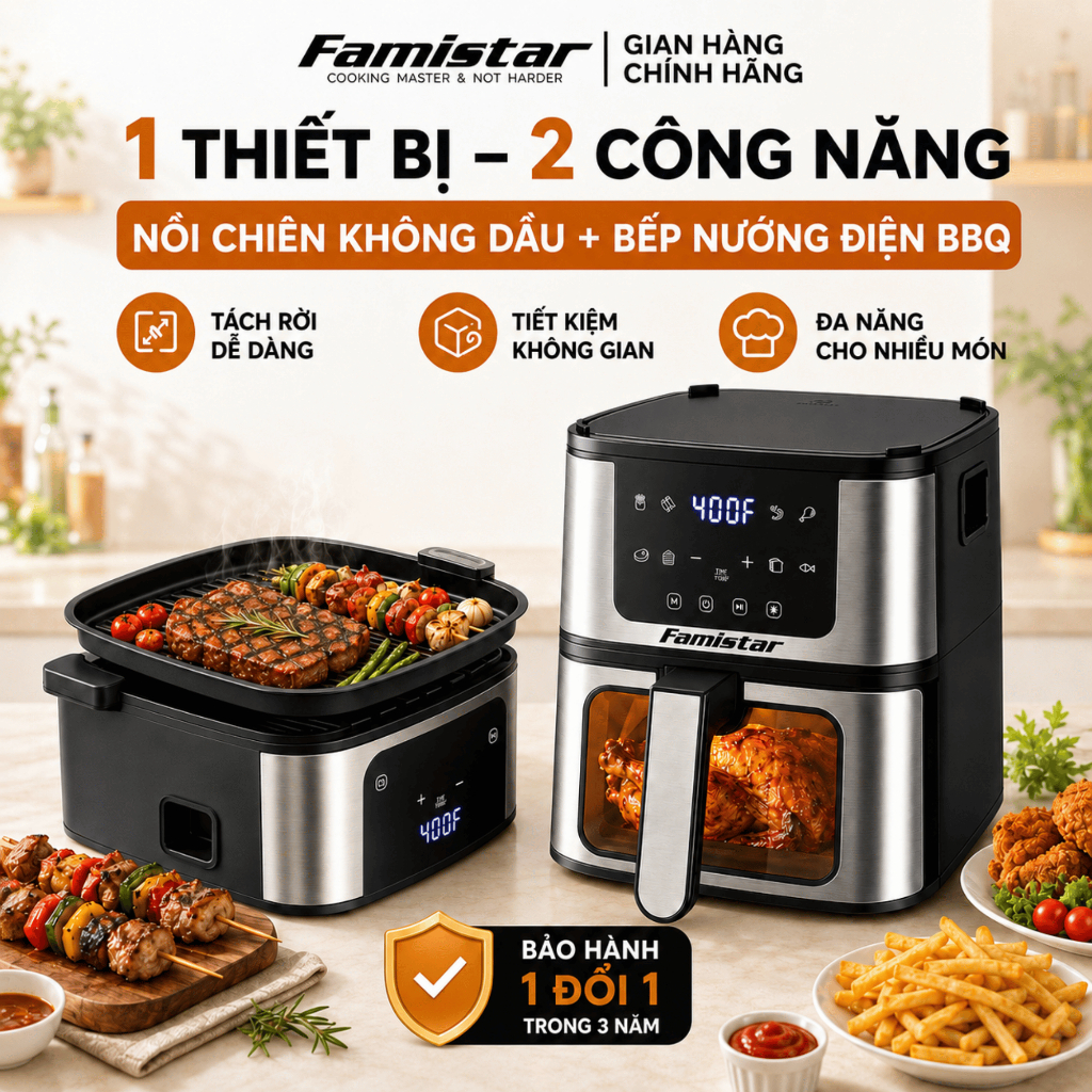 [Bảo hành 3 năm] Nồi chiên không dầu 5Lít Famistar, 8chế độ nấu,công nghệ Rapid Air, Màn hình cảm ứng, tháo lắp tách rời