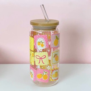 Ly Thủy Tinh 16oz Dán Decal Kèm Nắp Tre, Ống Hút, Cọ Rửa 500ml | Ly Matcha, Cà Phê, Trà Sữa Home Cafe