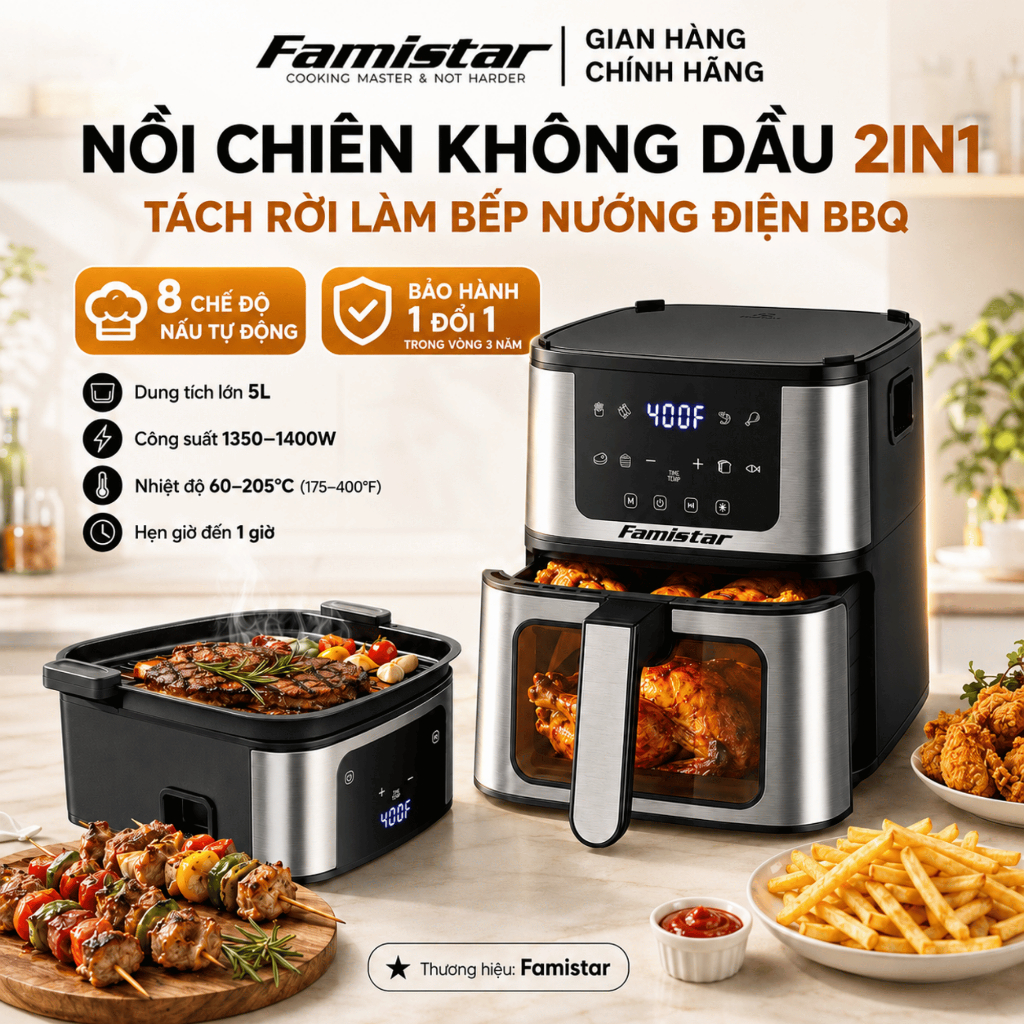 [Bảo hành 3 năm] Nồi chiên không dầu 5Lít Famistar, 8chế độ nấu,công nghệ Rapid Air, Màn hình cảm ứng, tháo lắp tách rời