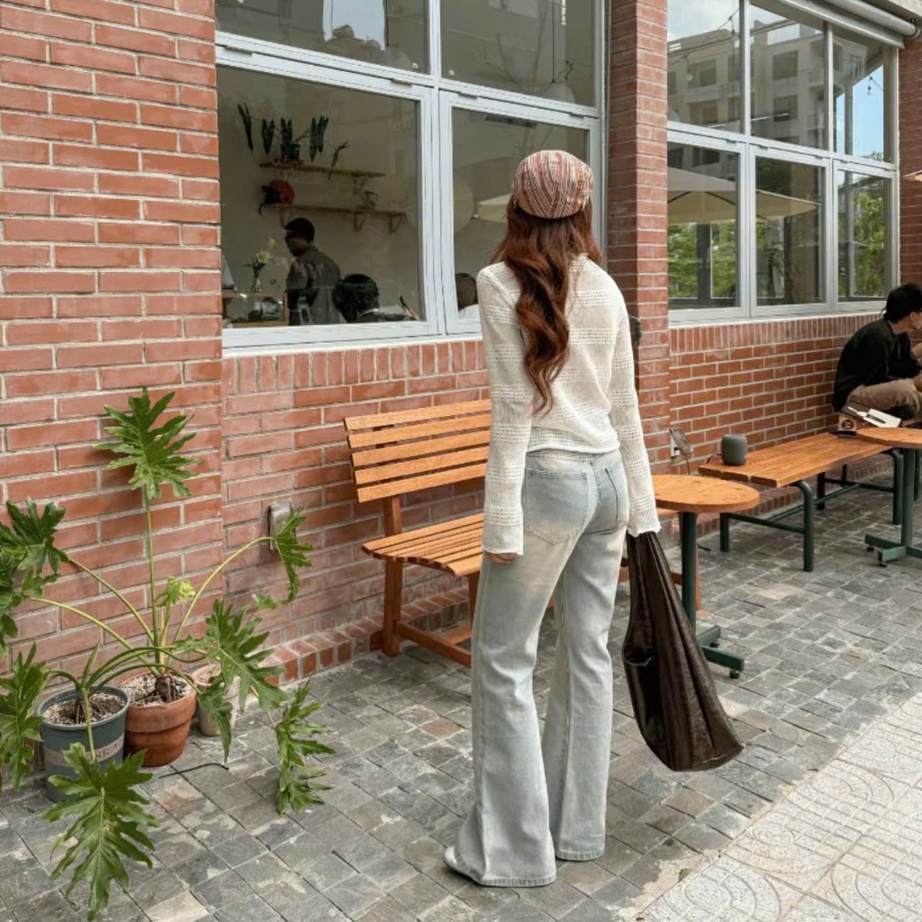 Quần bò jeans nữ ống loe cạp cao co dãn 4 chiều loe xẻ gấu, loe may gấu, loe cắt gấu NC Clothing