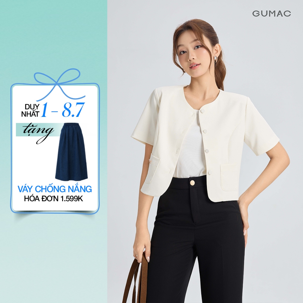 Áo Khoác Blazer GUMAC Form Lửng Tay Ngắn Nút Bọc Thanh Lịch OWG05056