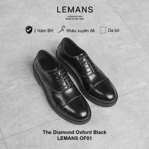 Giày da bò The Diamond Oxford Black LEMANS OF01.4, Đế độc quyền Lemans khâu đế, tăng cao 4cm BH 24T
