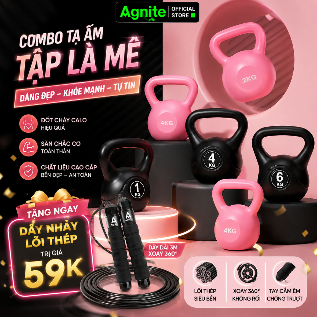 [TẶNG DÂY NHẢY] Tạ ấm,Tạ bình vôi thể dục tại nhà chuyên nghiệp Tạ Chuông Kettlebell tập gym, tập squat mông đùi Agnite