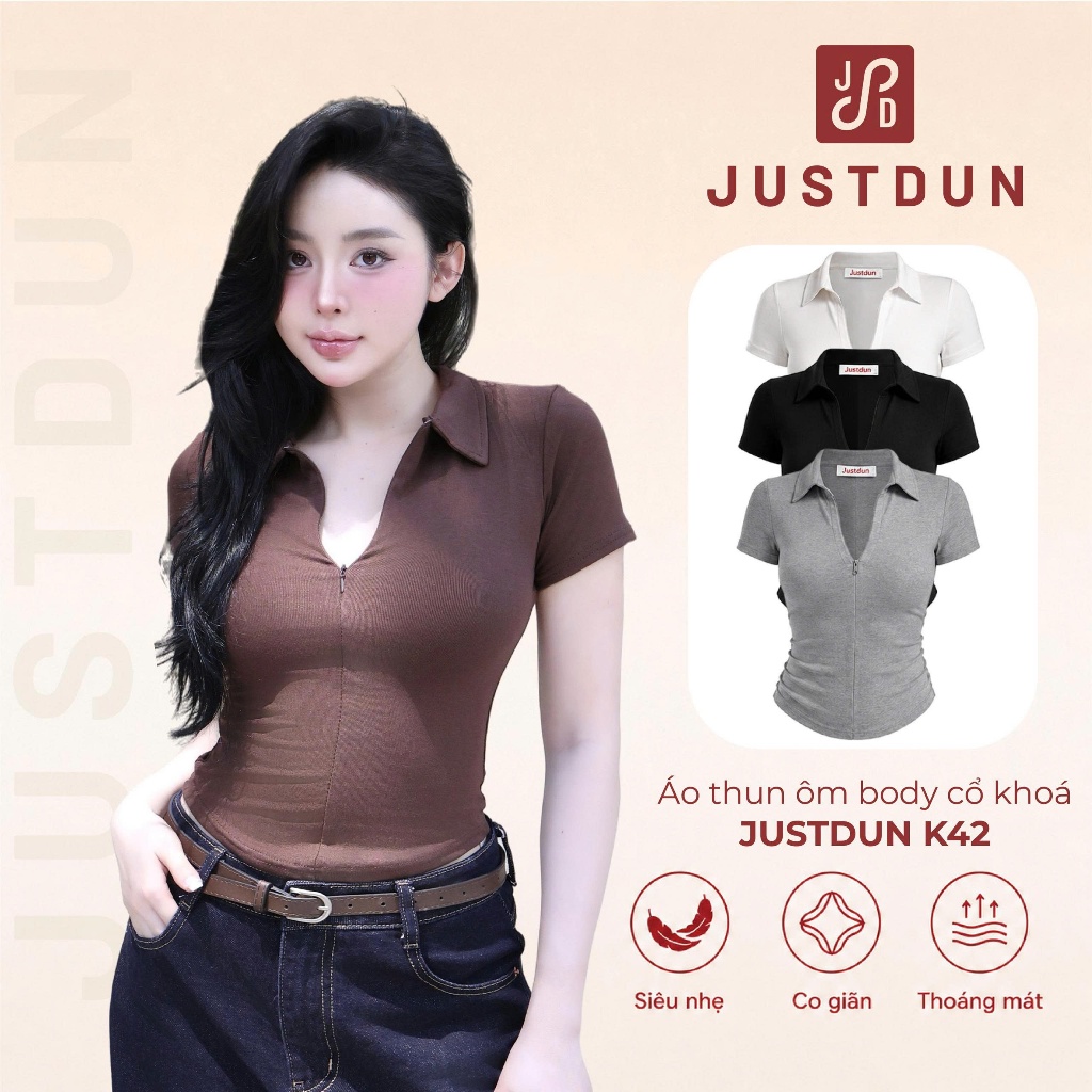 Áo thun ôm body cổ khoá cotton mịn JUSTDUN K42