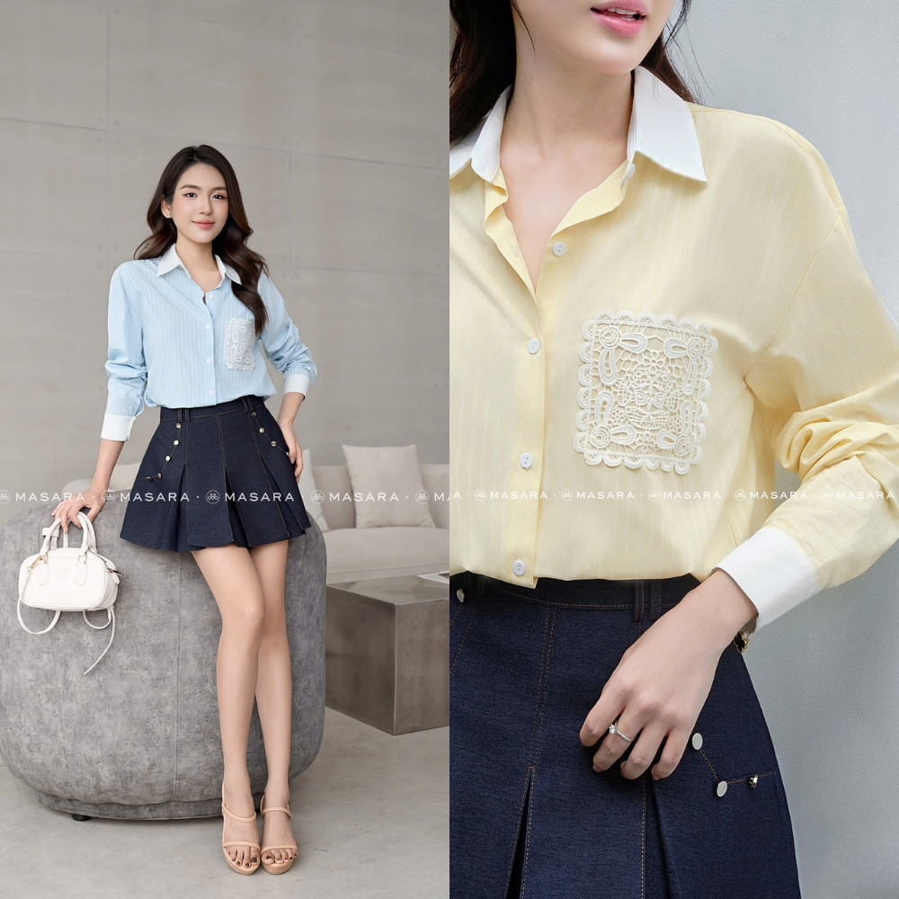 Áo sơ mi kẻ sọc xanh phối cổ trắng hoa văn trắng nổi bật Masara MA921 MA921A
