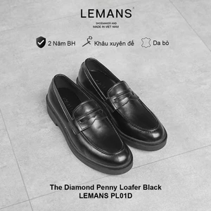 Giày da bò Penny Loafer Black LEMANS PL01D, da bò nguyên tấm, tăng chiều cao 4cm, bảo hành 24 tháng