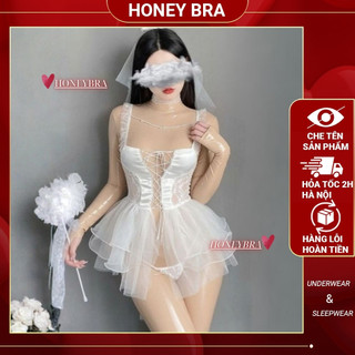 Babydoll Đồ Ngủ Cosplay Cô Dâu Sexy Quyến Rũ DN64 Ren Lưới Xuyên Thấu + Váy Tầng Voan HoneyBra