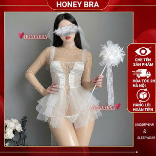 Babydoll Đồ Ngủ Cosplay Cô Dâu Sexy Quyến Rũ DN64 Ren Lưới Xuyên Thấu + Váy Tầng Voan HoneyBra