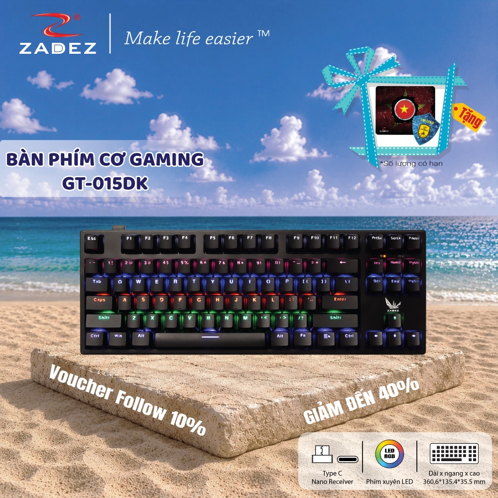 [SIÊU DEAL] Bàn Phím Cơ Không Dây Gaming ZADEZ GT-O15DK – TKL 87 Phím, LED RGB, Pin 2000mAh
