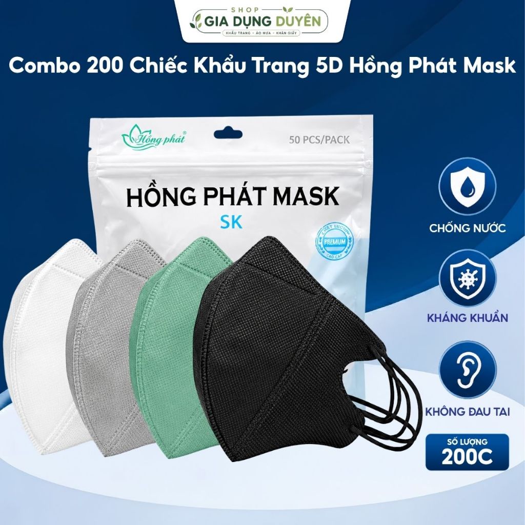 Combo 200 Chiếc Khẩu Trang 5D Hồng Phát Mask Kháng Khuẩn, Chống Bụi