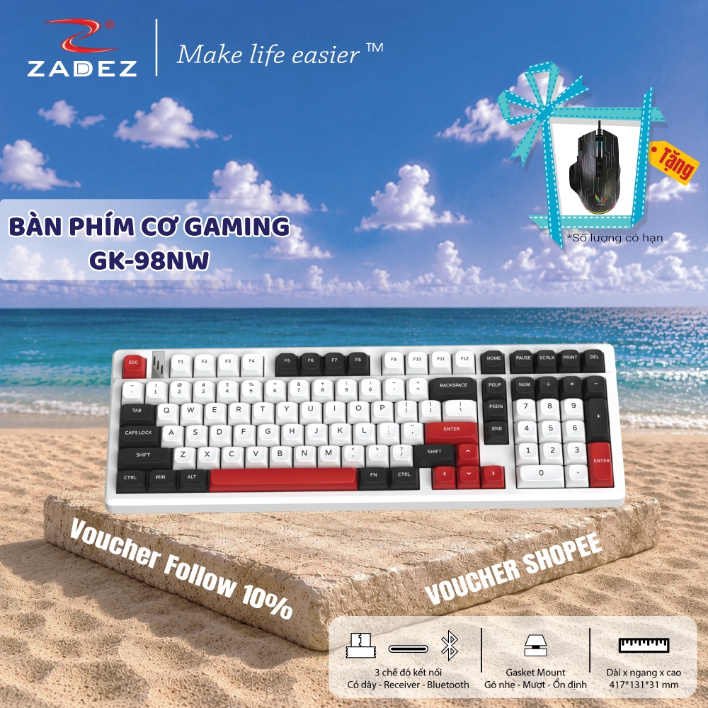 Bàn Phím Cơ Gaming ZADEZ GK-98NW - Ba Chế Độ Kết Nối, Layout 98%