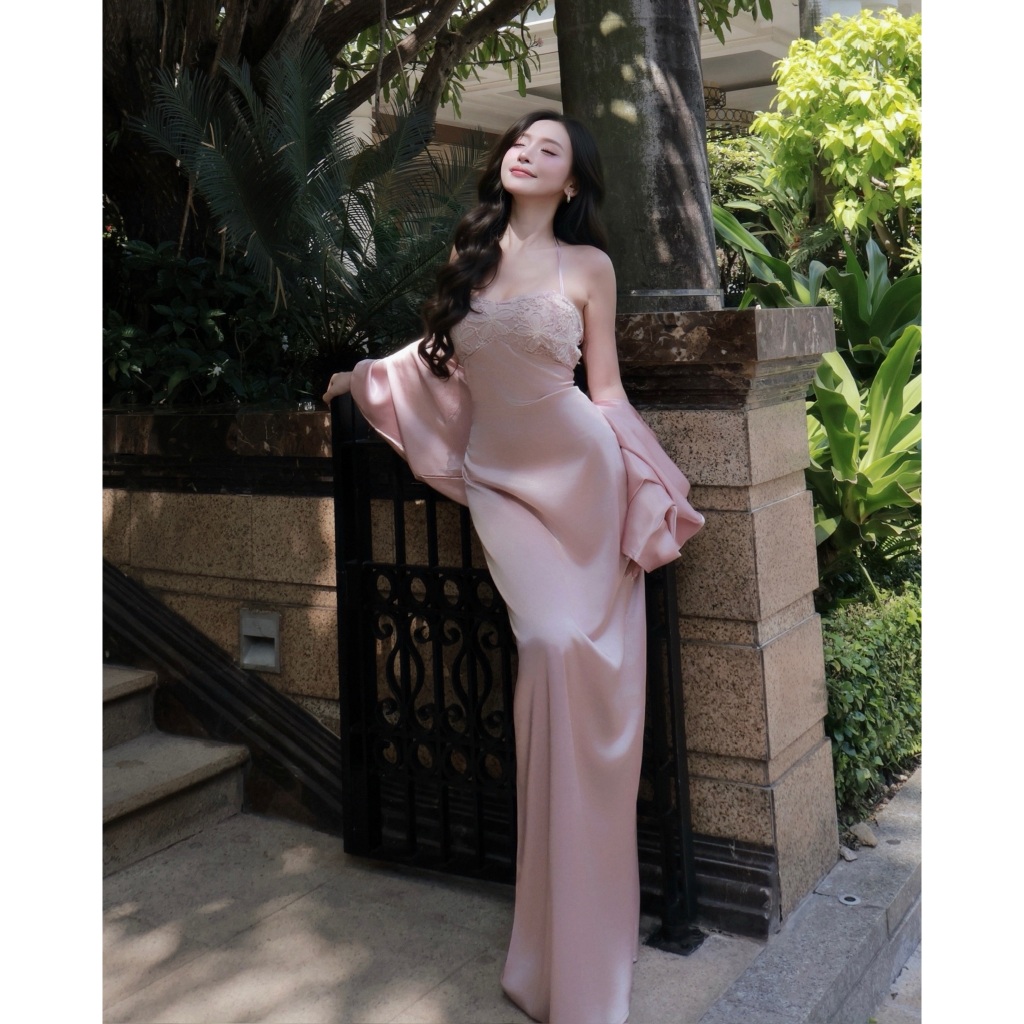 [TẶNG KÈM MÚT] Đầm Lụa Hở lưng FLORAL phối Ren hoa tôn dáng FFCLUB - Đầm lụa dự tiệc, tốn dáng