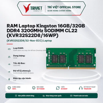 RAM Laptop Kingston 16GB/32GB DDR4 3200MHz SODIMM CL22 (KVR32S22D8/16WP) (KVR32S22D8/32-Non-ECC) Laptop