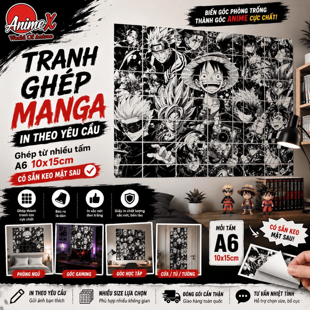 Tranh Ghép Anime Manga Đen Trắng In Theo Yêu Cầu Giấy Dán Tường A6 Có Keo Decor Phòng Ngủ Góc Gaming