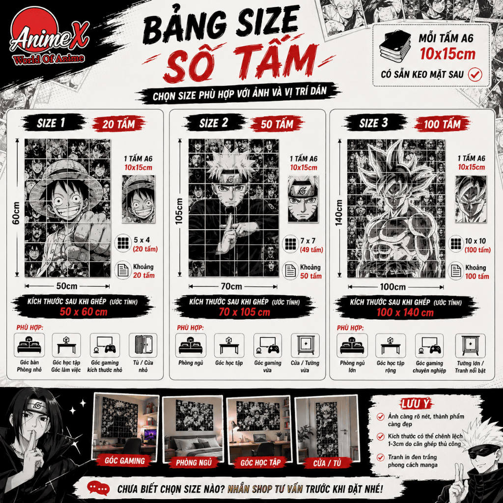 Tranh Ghép Anime Manga Đen Trắng In Theo Yêu Cầu Giấy Dán Tường A6 Có Keo Decor Phòng Ngủ Góc Gaming