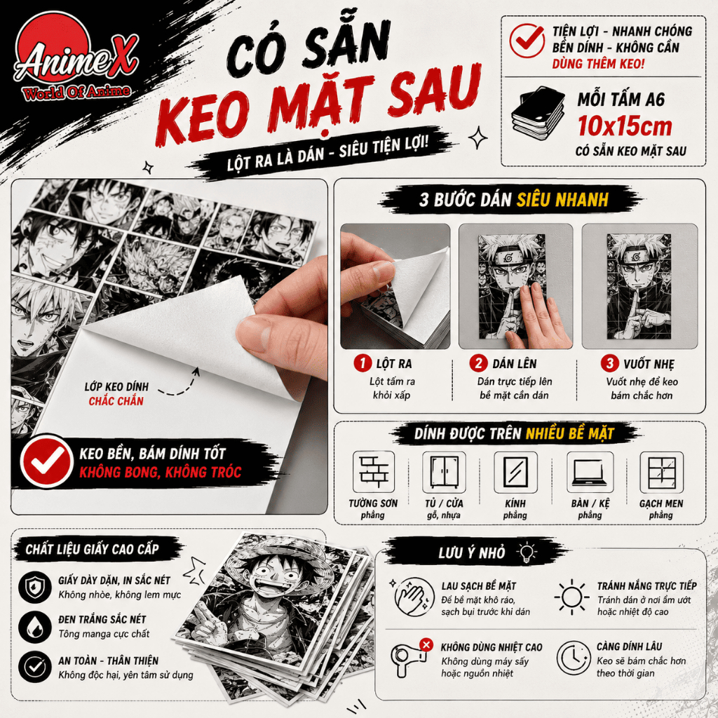 Tranh Ghép Anime Manga Đen Trắng In Theo Yêu Cầu Giấy Dán Tường A6 Có Keo Decor Phòng Ngủ Góc Gaming