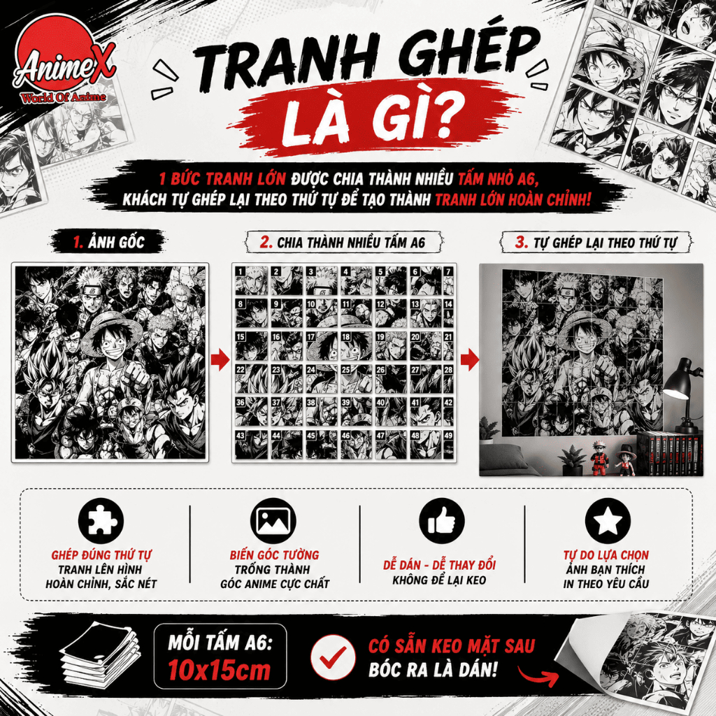 Tranh Ghép Anime Manga Đen Trắng In Theo Yêu Cầu Giấy Dán Tường A6 Có Keo Decor Phòng Ngủ Góc Gaming