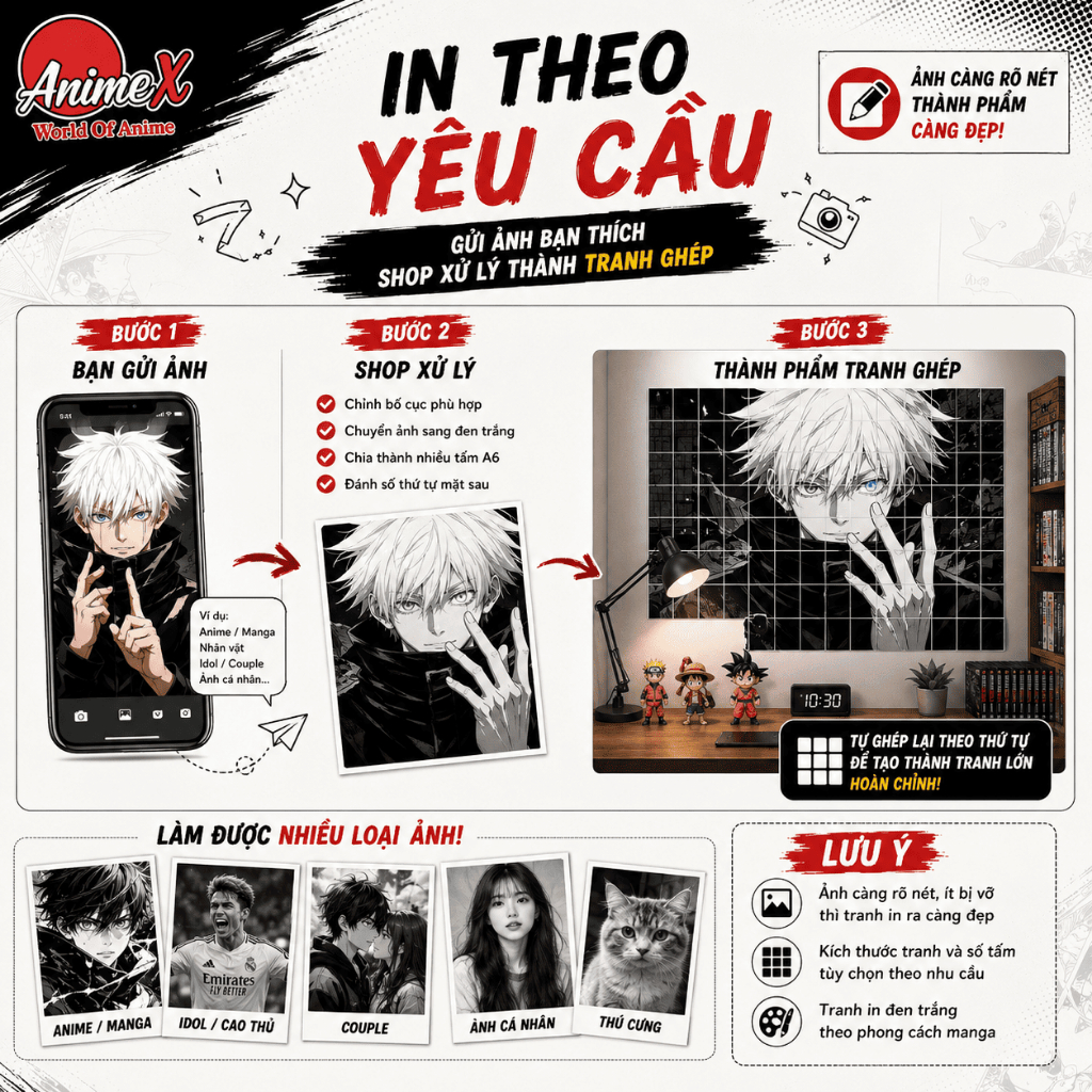 Tranh Ghép Anime Manga Đen Trắng In Theo Yêu Cầu Giấy Dán Tường A6 Có Keo Decor Phòng Ngủ Góc Gaming