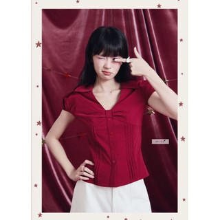 𝐂𝐡𝐞𝐫𝐫𝐲 𝐁𝐥𝐨𝐨𝐦 𝐓𝐨𝐩 - Áo kiêu nữ, áo sơ mi cổ V thiết kế xếp ly nơ xinh nhien.official NAS00011