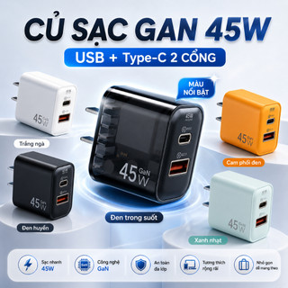 Củ Sạc Nhanh GaN 45W ANKRE, 2 Cổng USB + Type-C, Hỗ Trợ PD QC3.0, Adapter Sạc Nhanh Cho iPhone Android, Nhỏ Gọn