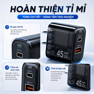 Củ Sạc Nhanh GaN 45W ANKRE, 2 Cổng USB + Type-C, Hỗ Trợ PD QC3.0, Adapter Sạc Nhanh Cho iPhone Android, Nhỏ Gọn