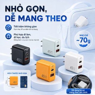 Củ Sạc Nhanh GaN 45W ANKRE, 2 Cổng USB + Type-C, Hỗ Trợ PD QC3.0, Adapter Sạc Nhanh Cho iPhone Android, Nhỏ Gọn