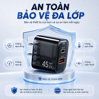 Củ Sạc Nhanh GaN 45W ANKRE, 2 Cổng USB + Type-C, Hỗ Trợ PD QC3.0, Adapter Sạc Nhanh Cho iPhone Android, Nhỏ Gọn