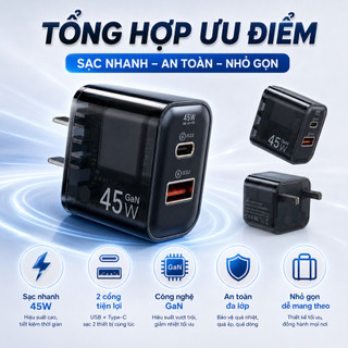 Củ Sạc Nhanh GaN 45W ANKRE, 2 Cổng USB + Type-C, Hỗ Trợ PD QC3.0, Adapter Sạc Nhanh Cho iPhone Android, Nhỏ Gọn