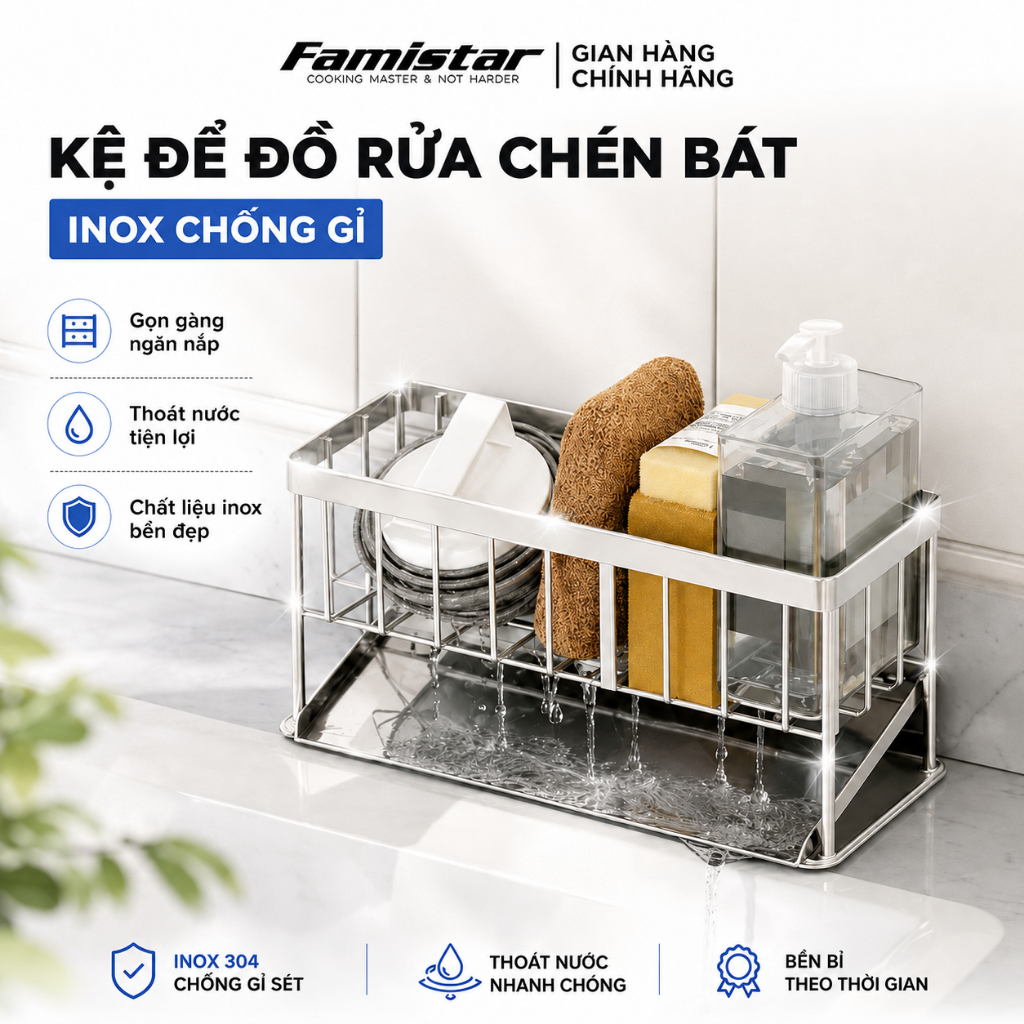 Kệ Để Đồ Rửa Chén Inox Chống Gỉ Có Khay Hứng Nước Famistar Kệ Đựng Đồ Bồn Rửa Bát Tiện Lợi LSJ01
