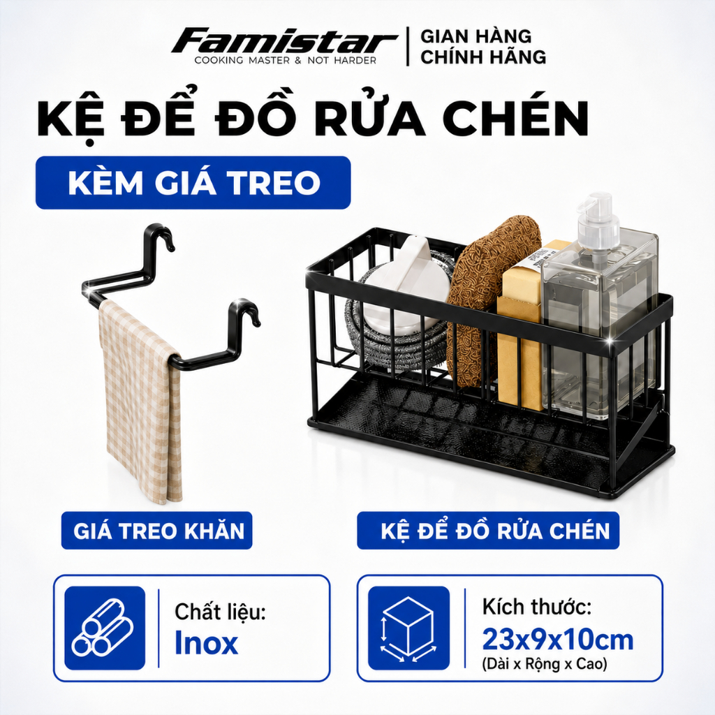 Kệ Để Đồ Rửa Chén Đen Sơn Tĩnh Điện Có Khay Hứng Nước Famistar Kệ Đựng Đồ Bồn Rửa Bát Tiện Lợi LSJ02