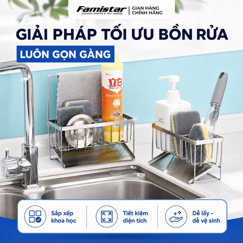Kệ Để Đồ Rửa Chén Đen Sơn Tĩnh Điện Có Khay Hứng Nước Famistar Kệ Đựng Đồ Bồn Rửa Bát Tiện Lợi LSJ02
