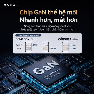 Củ Sạc Nhanh GaN 45W ANKRE, 2 Cổng USB + Type-C, Hỗ Trợ PD QC3.0, Adapter Sạc Nhanh Cho iPhone Android, Nhỏ Gọn