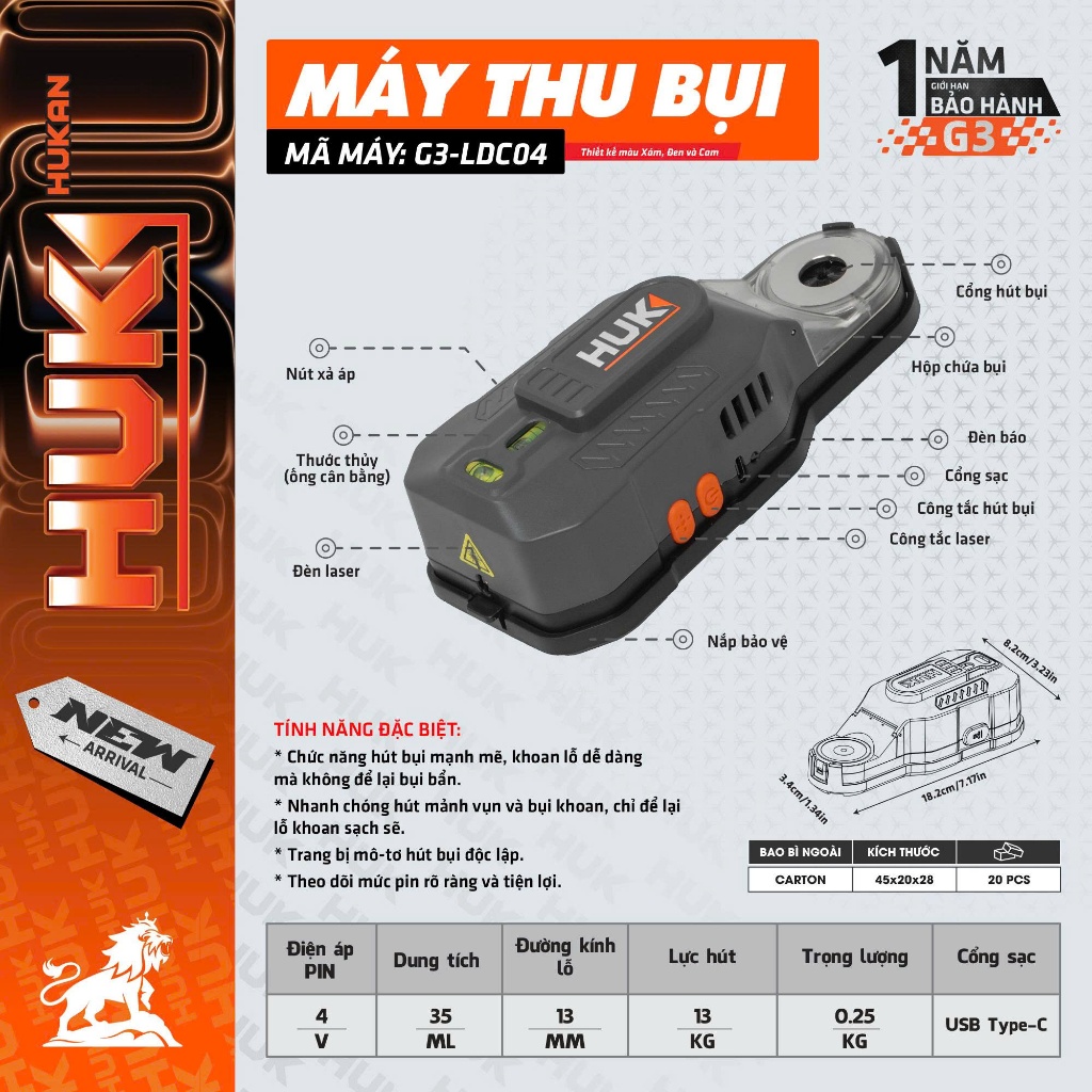 Bộ Thu Bụi Khoan 4V HUKAN (Gen3) G3-LDC04 | Hút Bụi Khi Khoan | Lực Hút 13kg | Sạc Type-C| Bảo Hành 12 Tháng