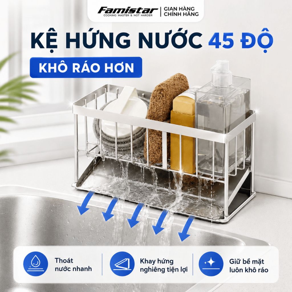 Kệ Để Đồ Rửa Chén Inox Chống Gỉ Có Khay Hứng Nước Famistar Kệ Đựng Đồ Bồn Rửa Bát Tiện Lợi LSJ01
