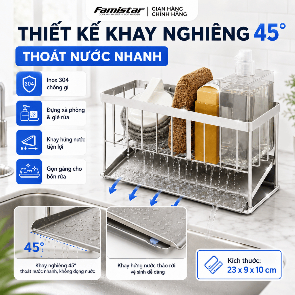 Kệ Để Đồ Rửa Chén Inox Chống Gỉ Có Khay Hứng Nước Famistar Kệ Đựng Đồ Bồn Rửa Bát Tiện Lợi LSJ01