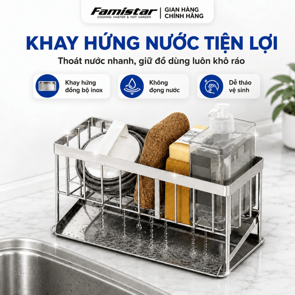 Kệ Để Đồ Rửa Chén Inox Chống Gỉ Có Khay Hứng Nước Famistar Kệ Đựng Đồ Bồn Rửa Bát Tiện Lợi LSJ01