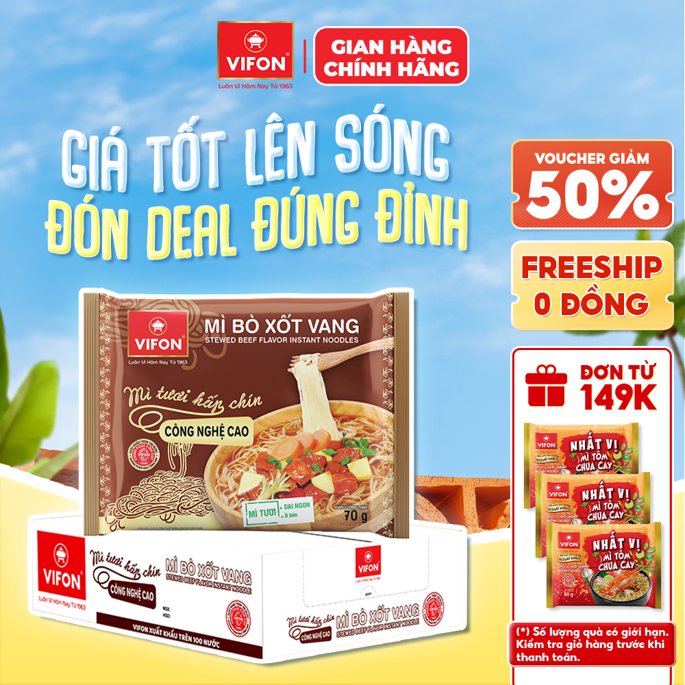 [Hỏa Tốc + Voucher 15%] Thùng 30 gói Mì Tươi Bò Xốt Vang/ Thịt Bằm / Tôm Chua Cay VIFON 70gr/Gói