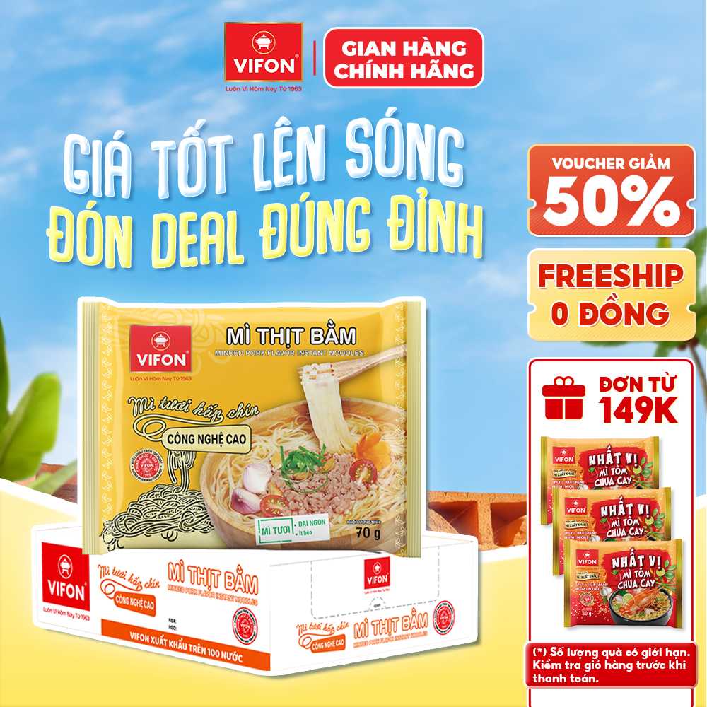 [Hỏa Tốc + Voucher 15%] Thùng 30 gói Mì Tươi Bò Xốt Vang/ Thịt Bằm / Tôm Chua Cay VIFON 70gr/Gói