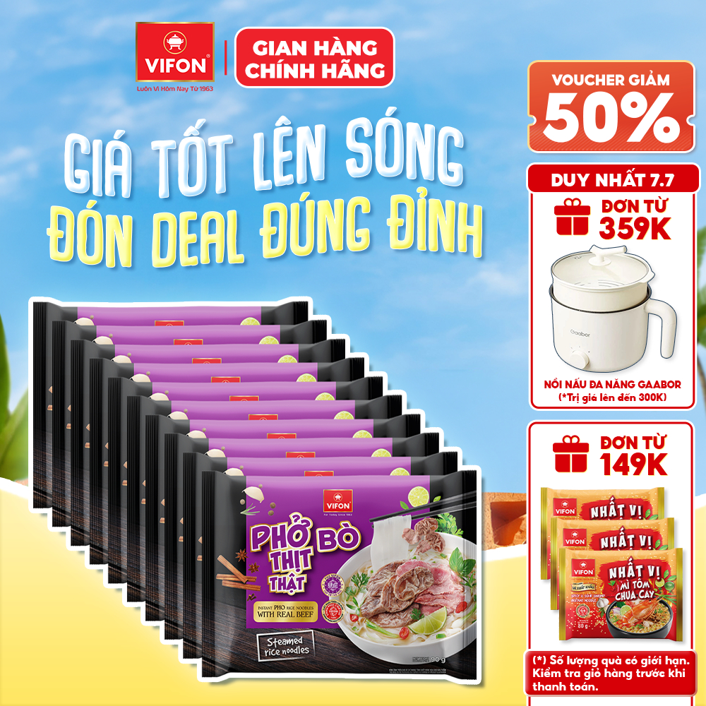 [VOUCHER HOT 10%] Set 10 Gói Phở VIFON Thịt Thật 90g (Vị Bò / Gà) Có Gói Thịt Nguyên Chất 24g Cao Cấp