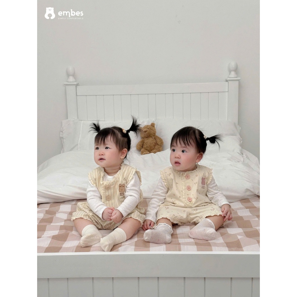 Bộ Jumpsuit Bé Gái Embes, Bộ Liền Thân Họa Tiết Phối Viền Ren Chất Cotton Cho Bé Gái Size Từ 8-18kg