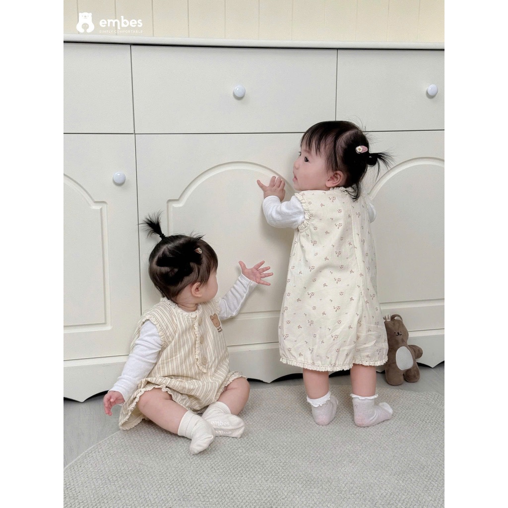 Bộ Jumpsuit Bé Gái Embes, Bộ Liền Thân Họa Tiết Phối Viền Ren Chất Cotton Cho Bé Gái Size Từ 8-18kg