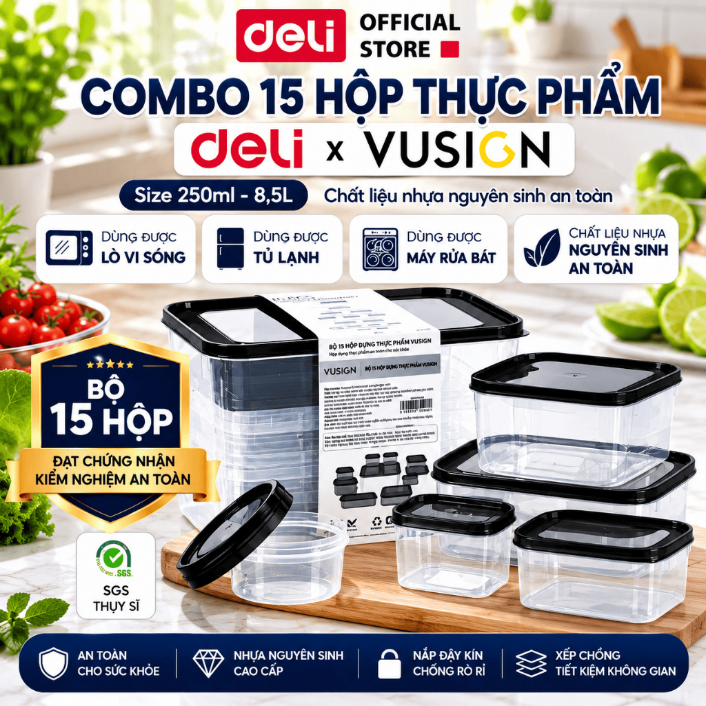 Bộ 15 Hộp Đựng Thực Phẩm DELI x VUSIGN 250–8500ml Hộp Thức Ăn Đồ Ăn Dùng Lò Vi Sóng, Máy Rửa Bát