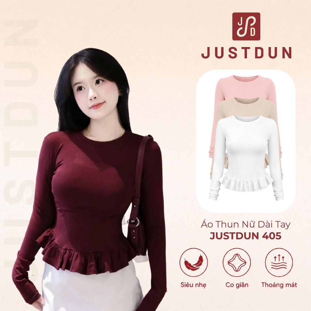 Áo Thun Nữ Dài Tay Ôm Body JUSTDUN 405 - Phối Viền Bèo Xinh, Cotton Mịn Cao Cấp, Tôn Dáng