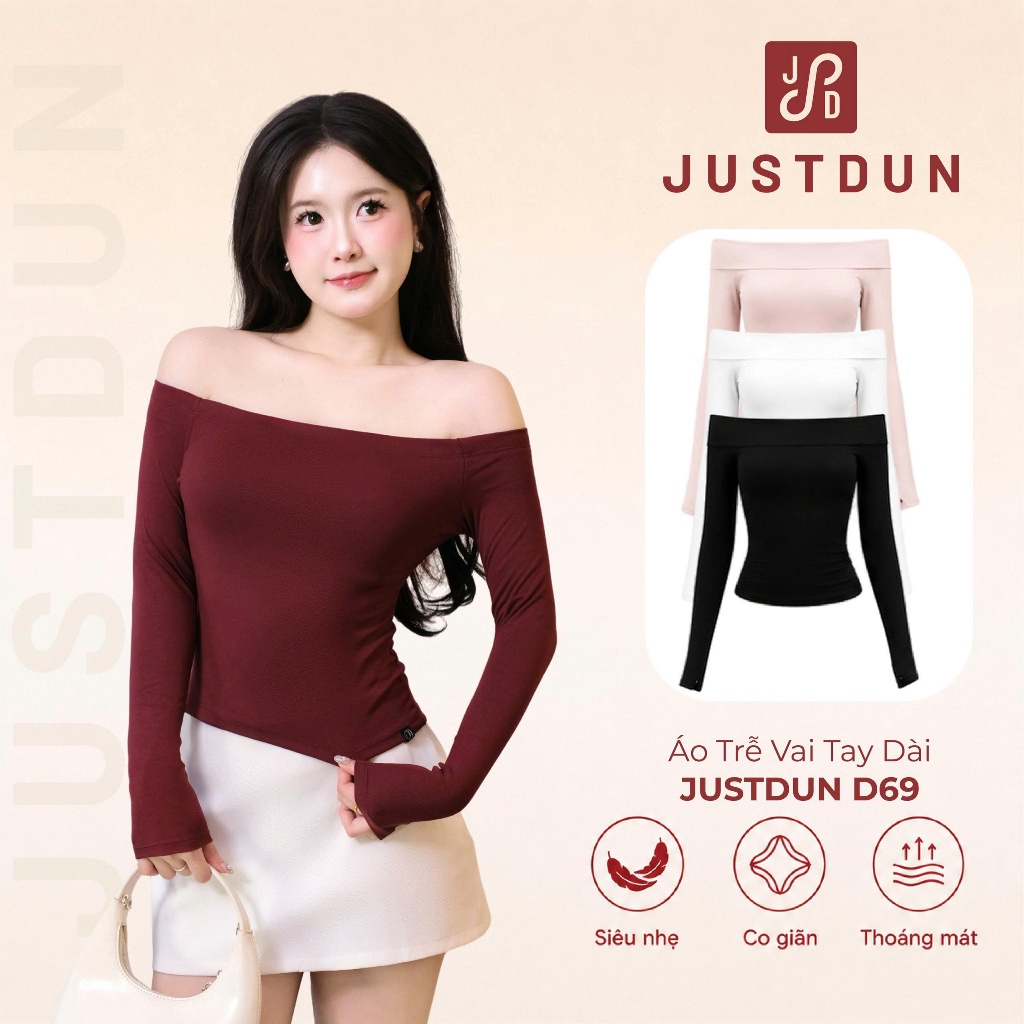 Áo Trễ Vai Tay Dài Nữ JUSTDUN D69 - Ôm Body, Basic, Cotton Mềm Mịn, Tôn Dáng, Thoáng Mát, Co Giãn