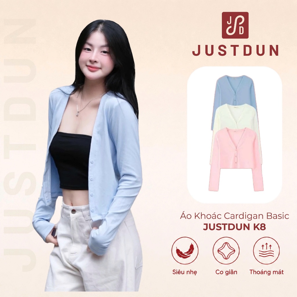 Áo Khoác Cardigan Basic Trơn Nữ JUSTDUN K8 - Dáng Rộng Ôm Vừa, Nhiều Màu, Cotton Mịn, Mềm Mại