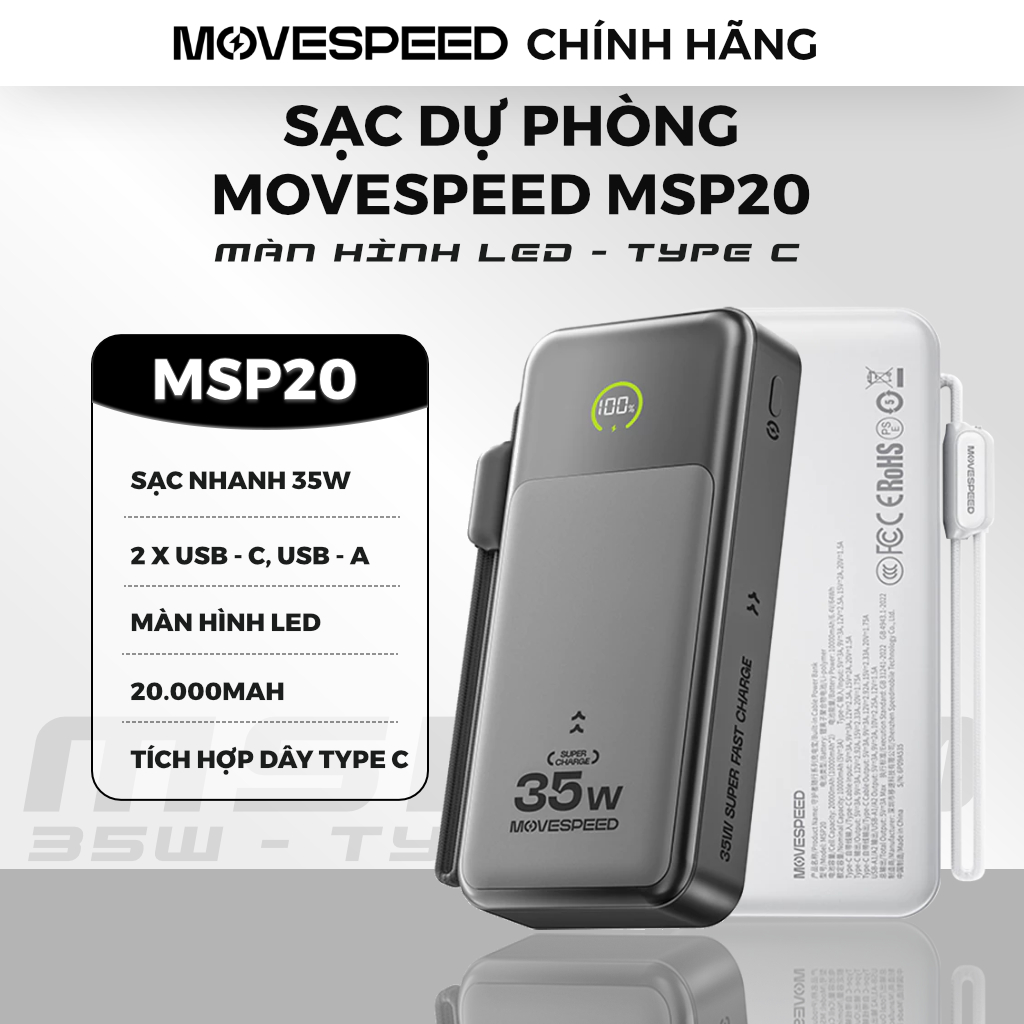 Sạc dự phòng Movespeed 20000mAh 22.5W sạc nhanh có cáp Type C iOS Android | Bảo hành 12 tháng