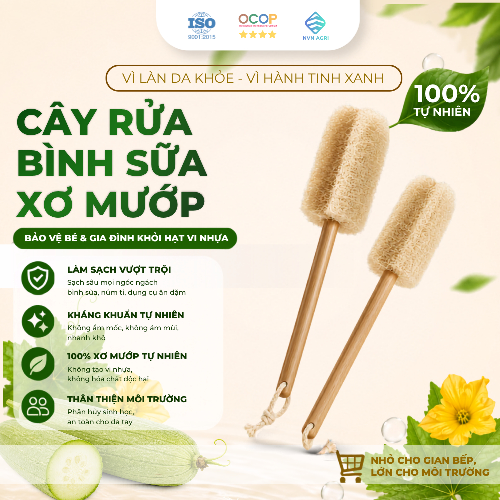 Cây Rửa Bình Sữa Xơ Mướp 100% Tự Nhiên Cán Gỗ 20CM Cọ Rửa Bình Sữa Thiên Nhiên Thân Thiện Môi Trường