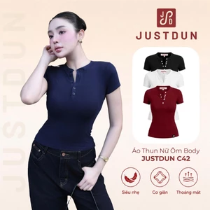 Áo Thun Nữ Cổ Tròn Phối Khuy JUSTDUN C42 - Chất Cotton Cao Cấp, Co Giãn 4 Chiều, Dễ Chịu, Thoáng Khí