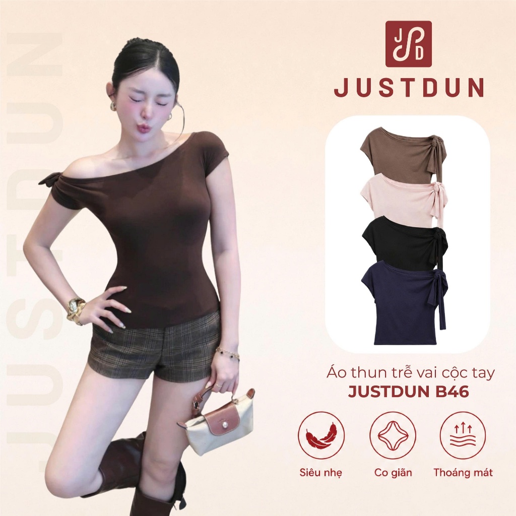 (Tặng dây) Áo thun trễ vai cộc tay ver2 cotton mịn thoáng mát JUSTDUN B46