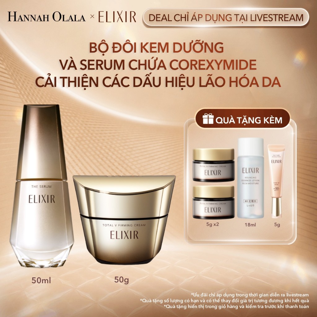 (Hannah x ELIXIR) Bộ Serum trẻ hóa làn da Elixir THE SERUM 50ml + Kem dưỡng cải thiện chảy xệ TOTAL V FIRMING CREAM 50g